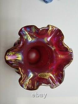 Vintage Fenton Iridescent Ruby Red Carnival Glass Rare Ruffle Vase Beautiful