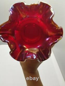 Vintage Fenton Iridescent Ruby Red Carnival Glass Rare Ruffle Vase Beautiful