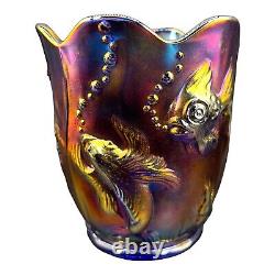 Vintage Fenton Koi Fish Atlantis Red Purple Iridescent Carnival Glass Vase Rare