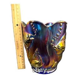 Vintage Fenton Koi Fish Atlantis Red Purple Iridescent Carnival Glass Vase Rare