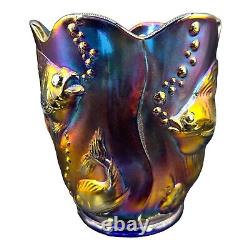 Vintage Fenton Koi Fish Atlantis Red Purple Iridescent Carnival Glass Vase Rare