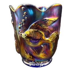 Vintage Fenton Koi Fish Atlantis Red Purple Iridescent Carnival Glass Vase Rare