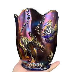 Vintage Fenton Koi Fish Atlantis Red Purple Iridescent Carnival Glass Vase Rare