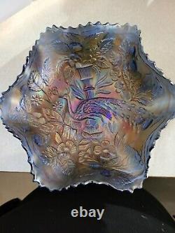 Vintage Fenton Peacock & Urn Ruffled Bowl Blue Iridescent Carnival Glass