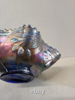 Vintage Fenton Peacock & Urn Ruffled Bowl Blue Iridescent Carnival Glass