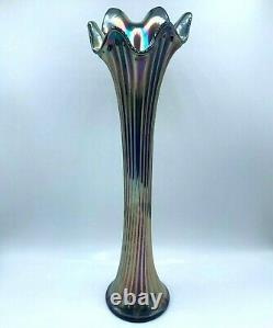 Vintage Fenton Ribbed Carnival Iridescent Glass Cobalt Blue Vase 16