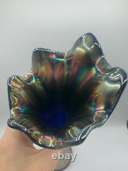 Vintage Fenton Ribbed Carnival Iridescent Glass Cobalt Blue Vase 16