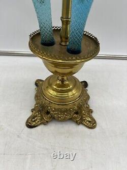 Vintage Glass Blue Opalescent 3 Horn Epergne Vase Table Centerpiece Brass Stand