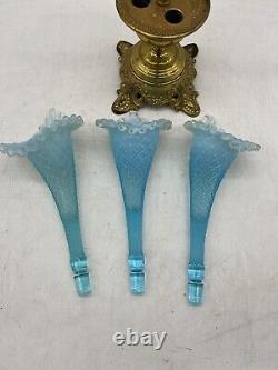 Vintage Glass Blue Opalescent 3 Horn Epergne Vase Table Centerpiece Brass Stand