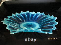 Vintage Glass Blue Opalescent FreeForm Ruffled Bowl AMAZING COLORS MINT
