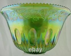 Vintage Green Carnival Glass Punch Bowl/vase Iridescent Grapevine Embossed