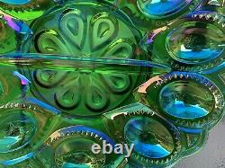 Vintage Green Iridescent Carnival Glass Deviled Egg Relish Oval Plate