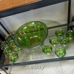 Vintage Green Iridescent Carnival Glass Punch Bowl With 12 Matching Cups