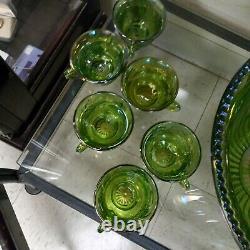 Vintage Green Iridescent Carnival Glass Punch Bowl With 12 Matching Cups