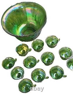 Vintage Green Iridescent Carnival Glass Punch bowl Set