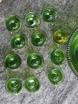 Vintage Green Iridescent Carnival Glass Punch bowl Set