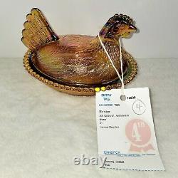Vintage Hen On Nest Amber Iridescent Glass Chicken Candy Dish Indiana Carnival