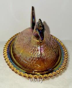 Vintage Hen On Nest Amber Iridescent Glass Chicken Candy Dish Indiana Carnival