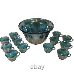 Vintage INDIANA Iridescent Blue Carnival Glass Princess Punch Bowl Set with12 cups