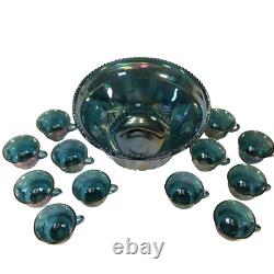 Vintage INDIANA Iridescent Blue Carnival Glass Princess Punch Bowl Set with12 cups