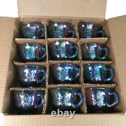 Vintage INDIANA Iridescent Blue Carnival Glass Princess Punch Bowl Set with12 cups