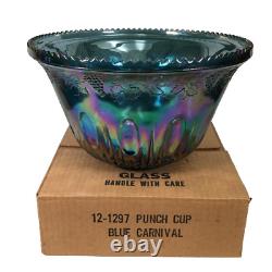 Vintage INDIANA Iridescent Blue Carnival Glass Princess Punch Bowl Set with12 cups