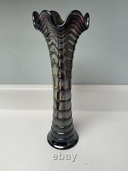 Vintage Imperial Amethyst Iridescent Carnival Glass Vase, 12 1/4 T 3 3/8 Dia