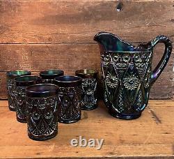 Vintage Imperial Glass Amethyst Diamond Lace Pitcher & 6 Glasses. Carnival Glass