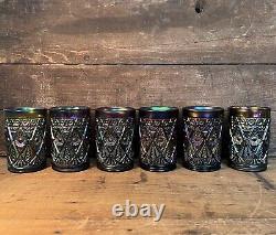 Vintage Imperial Glass Amethyst Diamond Lace Pitcher & 6 Glasses. Carnival Glass