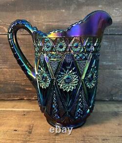 Vintage Imperial Glass Amethyst Diamond Lace Pitcher & 6 Glasses. Carnival Glass