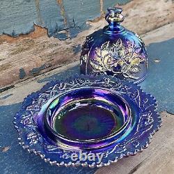 Vintage Imperial Glass Cobalt Purple Lustre Rose Iridescent Carnival Butter Dish