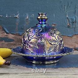 Vintage Imperial Glass Cobalt Purple Lustre Rose Iridescent Carnival Butter Dish