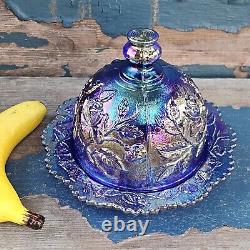 Vintage Imperial Glass Cobalt Purple Lustre Rose Iridescent Carnival Butter Dish