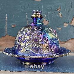 Vintage Imperial Glass Cobalt Purple Lustre Rose Iridescent Carnival Butter Dish