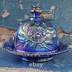 Vintage Imperial Glass Cobalt Purple Lustre Rose Iridescent Carnival Butter Dish