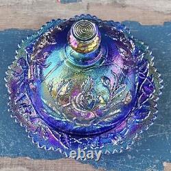 Vintage Imperial Glass Cobalt Purple Lustre Rose Iridescent Carnival Butter Dish