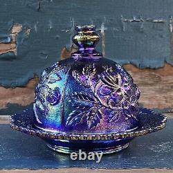 Vintage Imperial Glass Cobalt Purple Lustre Rose Iridescent Carnival Butter Dish