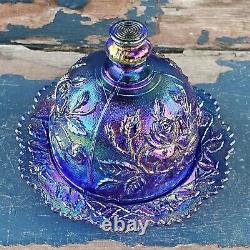 Vintage Imperial Glass Cobalt Purple Lustre Rose Iridescent Carnival Butter Dish