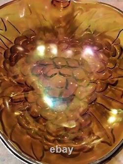 Vintage Indiana Amber Glass Large Oval Footed Bowl with Grapes & Leaves Pattern