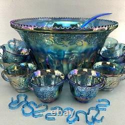 Vintage Indiana Blue Iridescent Carnival Glass Grape Punch Bowl Set Cups Ladle