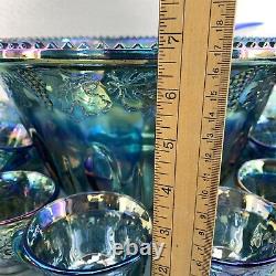 Vintage Indiana Blue Iridescent Carnival Glass Grape Punch Bowl Set Cups Ladle