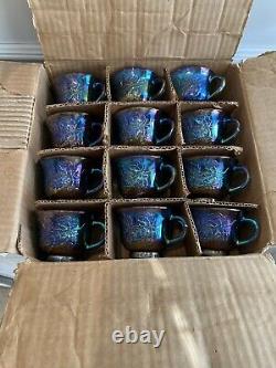 Vintage Indiana Blue Iridescent Harvest Grape Punch Bowl Set Cups + Box + Hooks