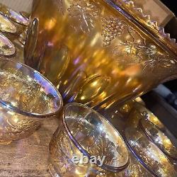 Vintage Indiana CARNIVAL GLASS Iridescent Punch Bowl Set COMPLETEIMMACULATE