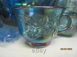 Vintage Indiana Carnival Glass Iridescent Blue Grapes Punch Bowl Cups Ladle MIB