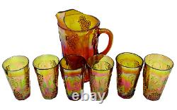 Vintage Indiana Carnival Glass Iridescent Grape/Leaf Pitcher & 6 Tall Glasses