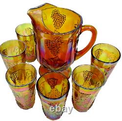 Vintage Indiana Carnival Glass Iridescent Grape/Leaf Pitcher & 6 Tall Glasses