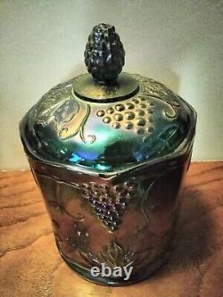 Vintage Indiana Glass Blue Iridescent Harvest Grape Covered Canister Cookie Jar