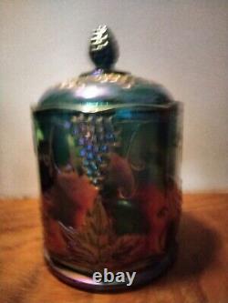 Vintage Indiana Glass Blue Iridescent Harvest Grape Covered Canister Cookie Jar