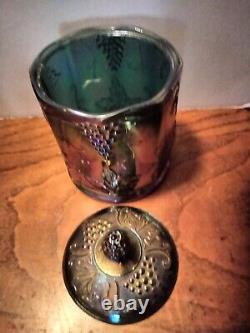 Vintage Indiana Glass Blue Iridescent Harvest Grape Covered Canister Cookie Jar