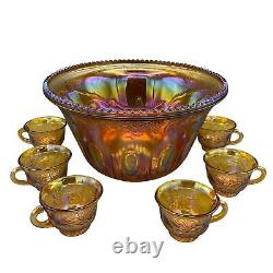 Vintage Indiana Glass Carnival Glass Punch Bowl Set Iridescent Gold WITH BOX